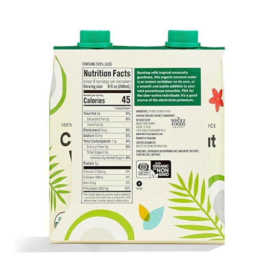 365 by Whole Foods Market, Organic Coconut Water, 100% Pulp-Free Juice, 16.9 Fl Oz per Carton, Pack of 4