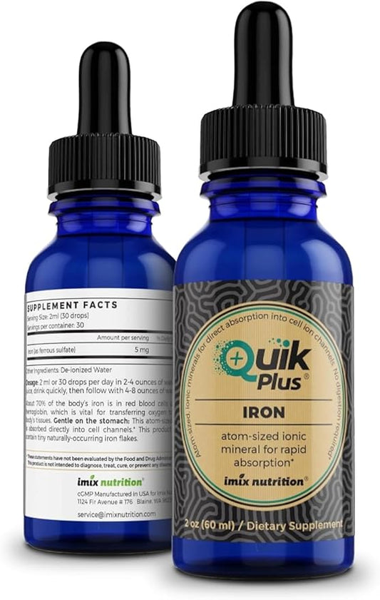 QuikPlus Iron Ionic Liquid Mineral Supplement for Hemoglobin & Ferritin – High Absorption Iron Supplement for Adults – Vegan, Gluten-Free, All Natural – 2 oz Bottle
