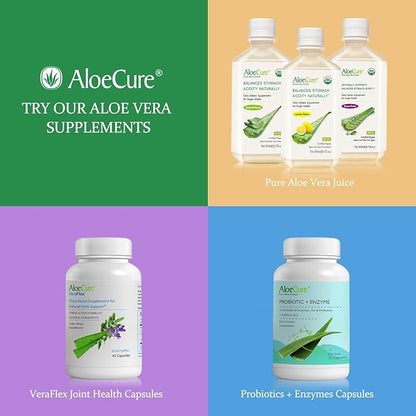 AloeCure USDA Organic Aloe Vera Juice Grape Flavor, Made Within 12 Hours of Harvest - Pure Aloe Vera Digestive & Immune Health Supplement, Helps Maintain Balanced Stomach Acidity, 16.7oz x 2 Btls