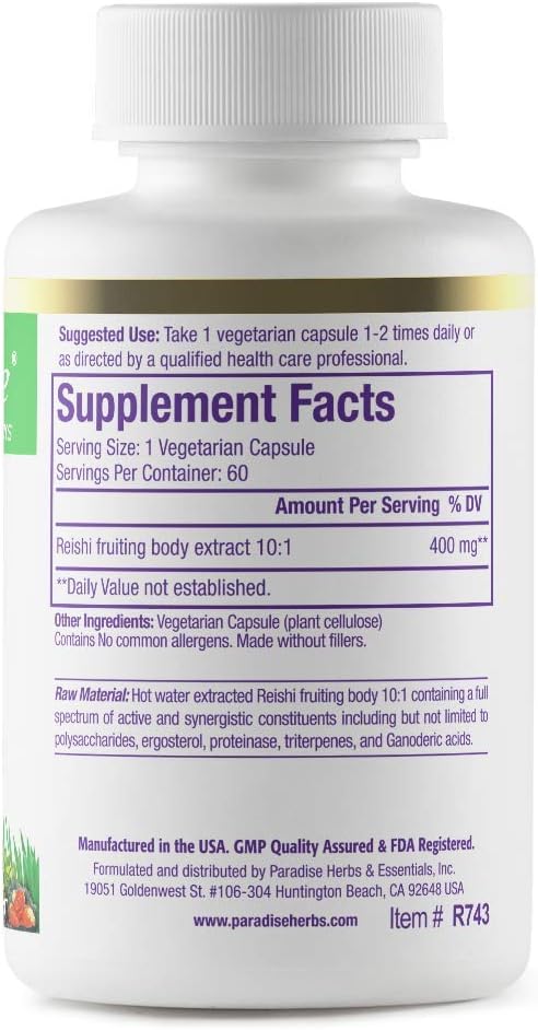 Paradise Herbs Reishi, Essential Adaptogen, Super Potent, Ultra Pure, Non-GMO, Vegan, Gluten Free, 60 Vegetarian Capsules