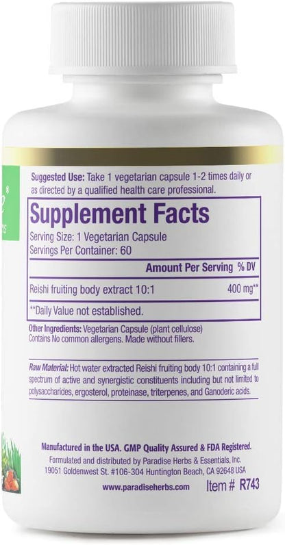 Paradise Herbs Reishi, Essential Adaptogen, Super Potent, Ultra Pure, Non-GMO, Vegan, Gluten Free, 60 Vegetarian Capsules