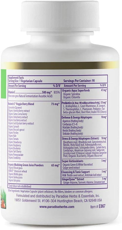 Paradise Herbs Earth's Blend Vitamin C with Nature's C and Adaptogens, Superfoods Base of Probiotics & Organic Alkalizing Greens, 90 Vegetarian Capsules