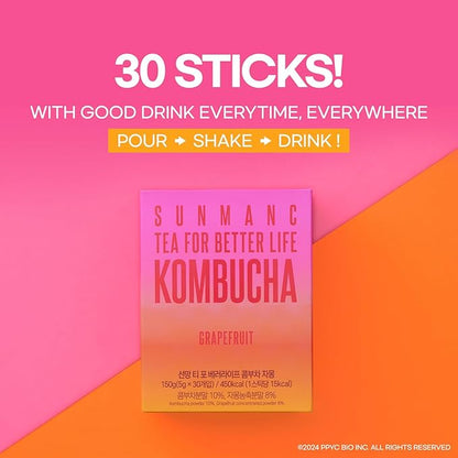 SUNMANC Kombucha 30 packets, Sparkling Probiotic Fermented Drink, Convenient Powdered Drink Mix, Tea Powder, Low Calories, Sugar 0g, Low Caffeine (Grapefruit)