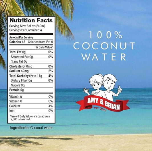 Amy & Brian Pure Coconut Water, 1 Liter (Pack of 6), Best Tasting Coconut Water, Non-GMO & No Added Sugar, Refreshing & Hydrating Real Coconut Water