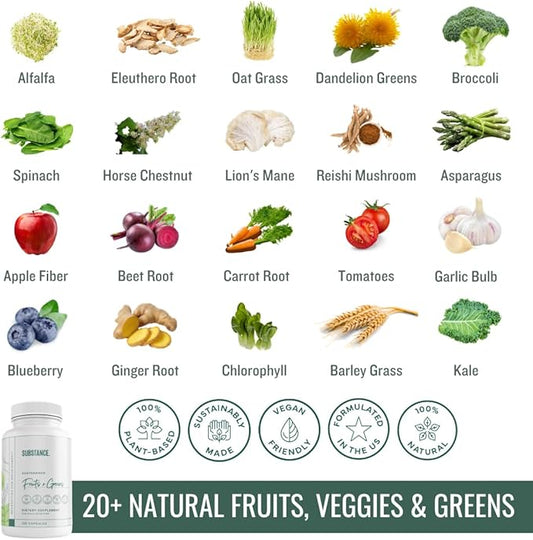 SUBSTANCE. - Nature's Sustenance Daily Greens, Daily Fruit and Veggies Supplement - Enhance Energy, Mental Clarity - Fruits and Vegetables Supplements - US Made, Vegan-Friendly - 30 Servings.