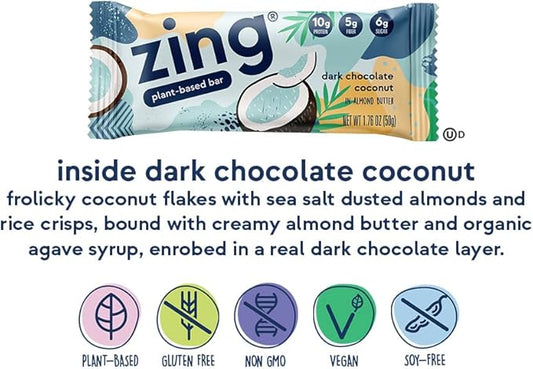 Zing Dark Chocolate Coconut Vegan Protein Bars, Gluten Free with High Protein, High Fiber, Dairy Free Nutrition Bars, Plant Based Protein, Kosher, Low Sugar, No Sugar Alcohols - 12 count