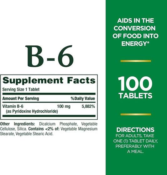 Nature's Bounty Vitamin B6 100mg Tablets - Supports Energy Metabolism & Nervous System Health, 100 Ct