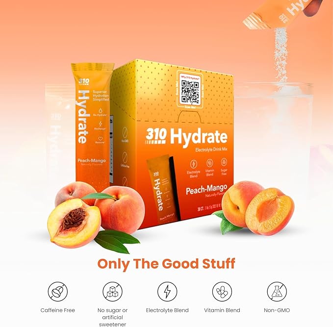 310 Hydrate Peach Mango Electrolytes Powder Packets - No Sugar Hydration Packets with Key Vitamins & Minerals - Keto Friendly - Tasty Sugar Free Electrolyte Drink - 30 Single Servings