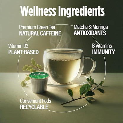 VitaCup Green Tea Pods, Enhance Energy & Detox with Matcha, Moringa, B Vitamins, D3, Keto, Paleo, Vegan, Recyclable Single Serve Pod, Compatible with Keurig K-Cup Brewers,16 Ct