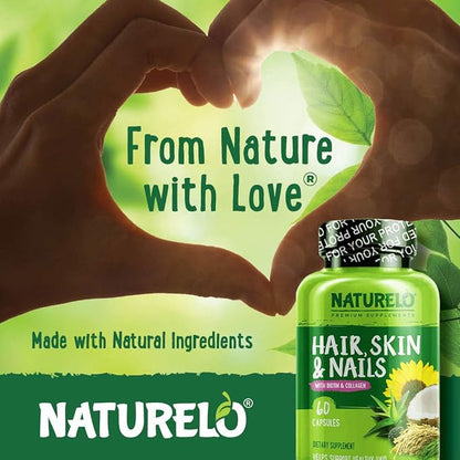 NATURELO Hair, Skin and Nails Multivitamin - 5000 mcg Biotin, Collagen, Natural Vitamin E - Supplement for Healthy Skin, Hair Growth for Women and Men – 60 Capsules