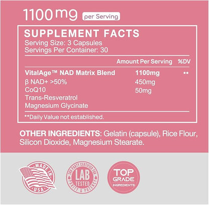 VHC NAD+ Supplement, NMN Alternative Liposomes with CoQ10, Trans-Resveratrol for Women & Men,Support Energy, Anti-Aging,Focus,90 Capsules