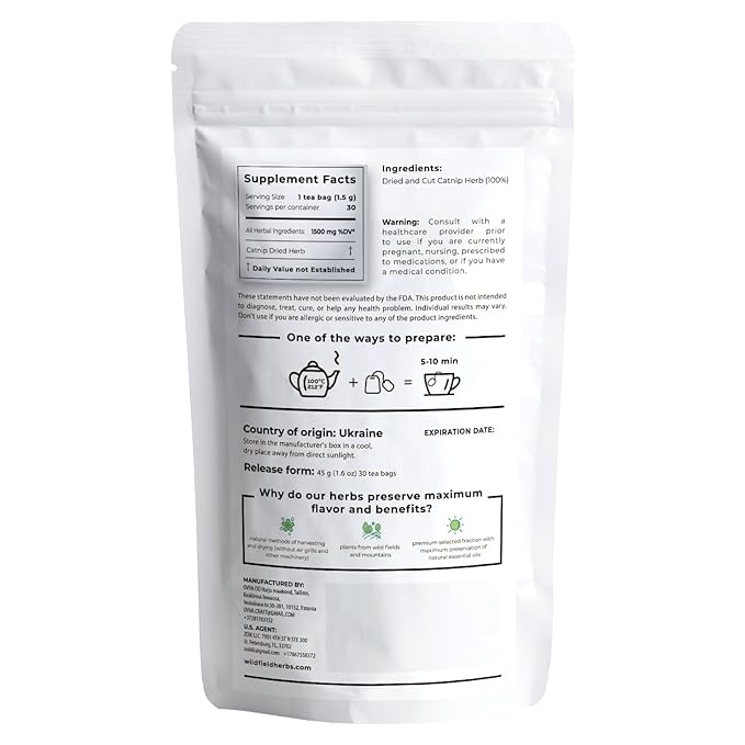 30 Bags Catnip Tea Catnip Herb Tea (Nepeta L.) - 30 Count 1.5g Bags Cat Nip Leaf Herb Hierba Gatera