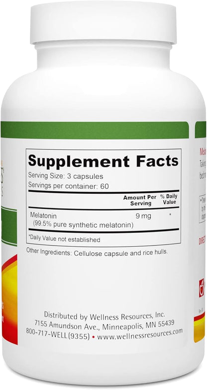 Wellness Resources 3 mg Melatonin Capsules - Natural Sleep Support Supplement - Gluten Free Sleep Aid, Preservative Free, Third-Party Tested, No Added Sugars Dye Free, 180 Capsules
