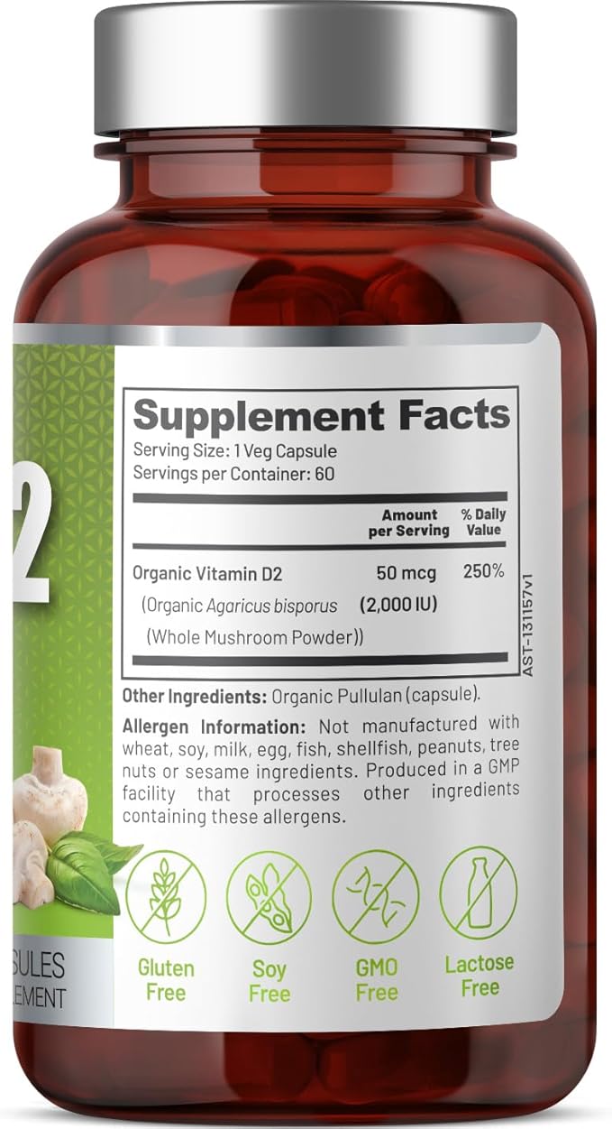 Vegan Whole Food Vitamin D, 2000 IU (50 mcg), D2, Two Ingredients (Organic Whole Mushroom and Organic Vegan Capsule), Non-GMO, Third Party Tested, 60 Day Supply