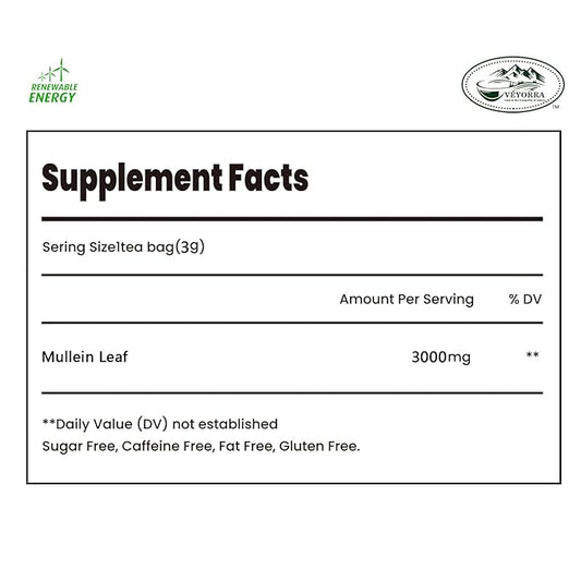 Veyorra Mullein Leaf Tea Bags - 100% Natural & Pure from Mullein Leaves.3g/Bag Non-GMO & Caffeine-Free, Loose Leaf Mullein Herbal Tea For Detox & Respiratory Support (30Bags)