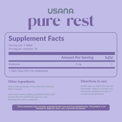 USANA Pure Rest Melatonin Supplement for Sleep Support* – Fast Acting – Sugar Free - 56 Tablets