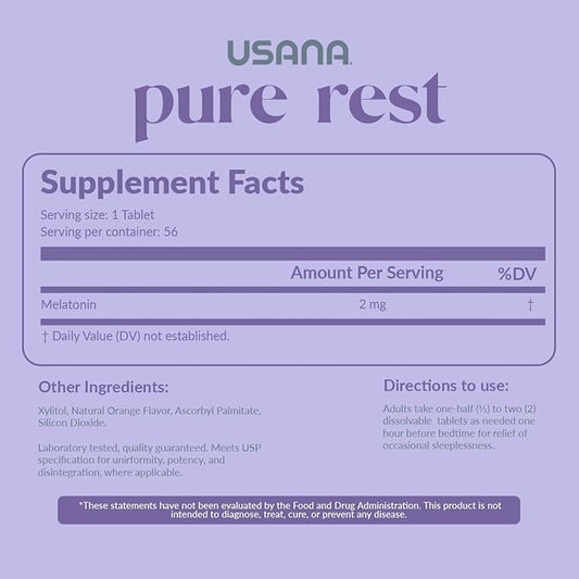 USANA Pure Rest Melatonin Supplement for Sleep Support* – Fast Acting – Sugar Free - 56 Tablets