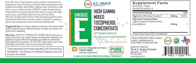 UNIQUE E A.C. Grace Company, Mixed Tocopherols Concentrate Softgels, 30 Count