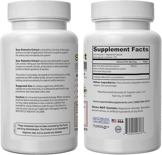 Superior Labs — Saw Palmetto Extract NonGMO, Non Synthetic— 300 mg Dosage, 120 Vegetable Capsules — Supports Urinary Tract Flow & Frequency