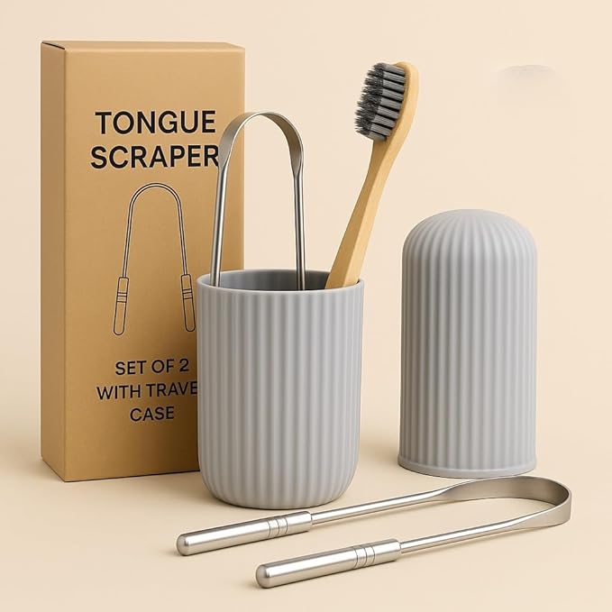 Tongue Scraper Set – Cleaner Kit with Bamboo Toothbrush with Charcoal Bristles & Travel Case – Daily Oral Hygiene Tool for Men & Women (Stainless Steel, 2 - Pack)