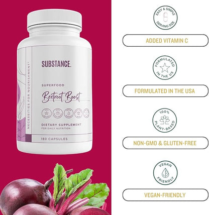 SUBSTANCE. Beetroot Boost Capsules - 4500mg per Serving, 30 Days Beet Root Capsules Supply – Beets Supplement with Vitamin-C & Manganese – Natural Nitric Oxide & Energy Booster Beet Root Powder – USA
