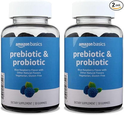 Amazon Basics Prebiotic & Probiotic Gummies, 2 Billion CFU, Blue Raspberry, 50 Count (2 per Serving) (Previously Solimo) (Pack of 2)