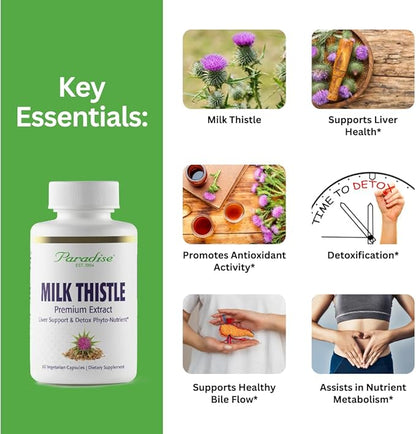 Paradise Herbs Milk Thistle, Active Whole Spectrum Extract, Vegan, Non GMO, Gluten Free, 60 Vegetarian Capsules