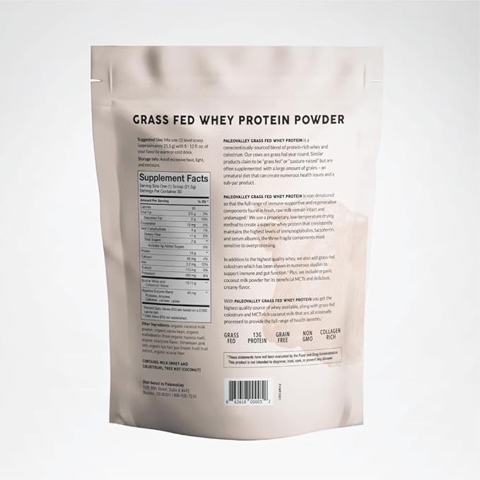 Paleovalley 100% Grassfed Whey Protein Powder with Colostrum, 13g Protein, Chocolate, Muscle Building, Immune Support, Gut Health, 30 Servings