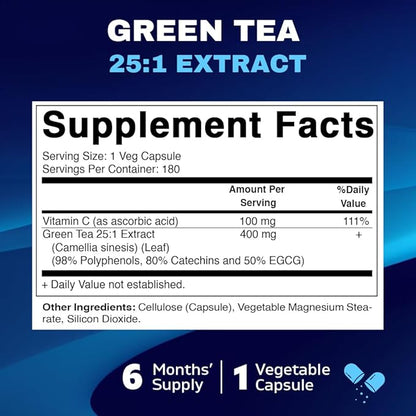 Vitamatic Green Tea Extract with Vitamin C, 25X Concentrate, 98% Polyphenols, 80% Catechins, 50% EGCG, 180 Veg Capsules
