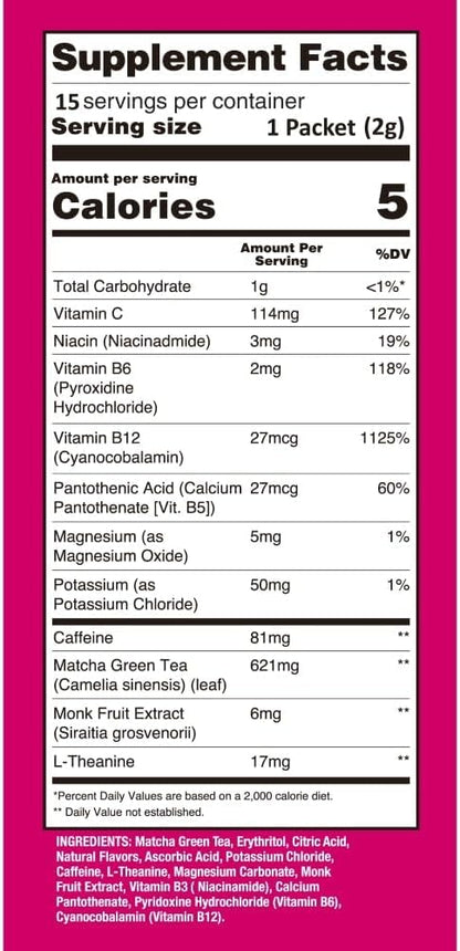 Ujido Matcha Energy Packets, Lemon Flavor, Sugar-Free, Monkfruit, Non-GMO, Antioxidant, Keto & Vegan, 2g x 15 Count