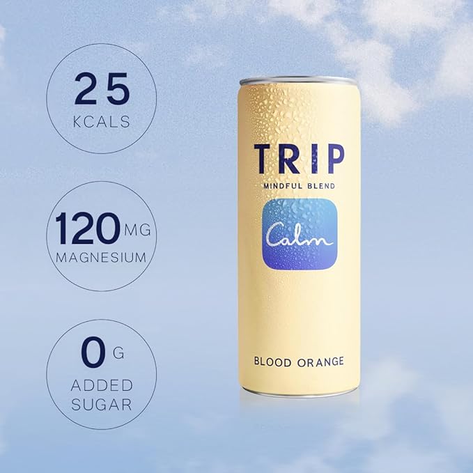 Trip Mindful Blend, Lightly Sparkling Calming Drink, 120 MG Magnesium Citrate with Ashwagandha, Lions Mane & L Theanine, No Added Sugar, Low Calorie, Vegan, Blood Orange, 12 Oz, 12Pk