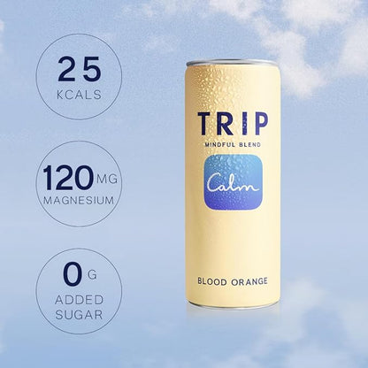 Trip Mindful Blend, Lightly Sparkling Calming Drink, 120 MG Magnesium Citrate with Ashwagandha, Lions Mane & L Theanine, No Added Sugar, Low Calorie, Vegan, Blood Orange, 12 Oz, 12Pk