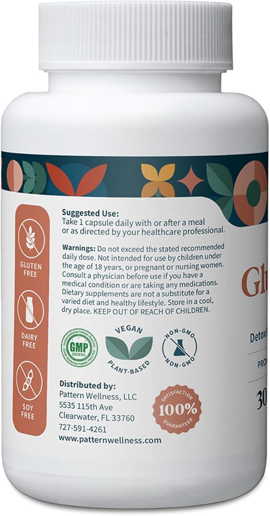 Pattern Wellness Glutathione Supplement - Active Reduced Glutathione Formula with Added Vitamin C - Cell, Antioxidant, + Immune Health Support - 30 Vegan Capsules