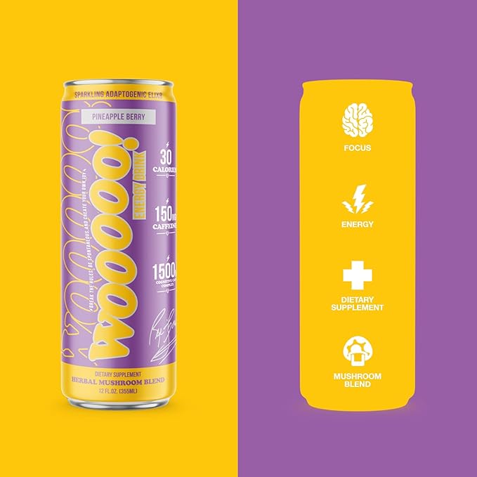 Wooooo! Energy Ric Flair Sparkling Adaptogenic Mushroom Energy Drink | Natural Antioxidants & Nootropics | Lion’s Mane & Cordyceps | 150mg Caffeine | 12 Pack (Pineapple Berry)