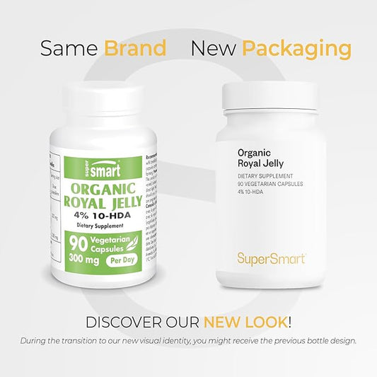 Supersmart - Organic Royal Jelly 300mg per Day (High Strength 4% 10-HDA) - Freeze-Dried Fresh Royal Jelly Supplement | Non-GMO & Gluten Free - 90 Vegetarian Capsules