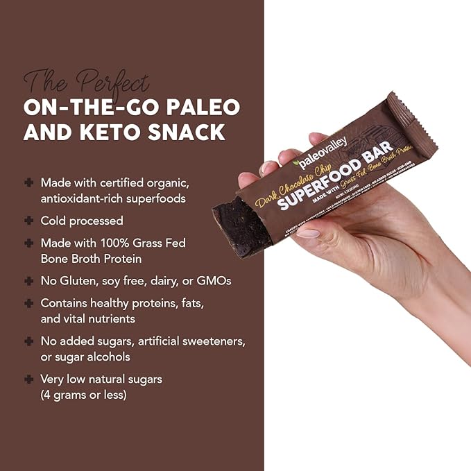 Paleovalley Superfood Bars – Dark Chocolate Chip– 10 Pack – 9g Protein per Bar – Gluten-Free, Grain-Free, Paleo, Non-GMO – On-the-Go Snack