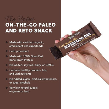 Paleovalley Superfood Bars – Dark Chocolate Chip– 10 Pack – 9g Protein per Bar – Gluten-Free, Grain-Free, Paleo, Non-GMO – On-the-Go Snack