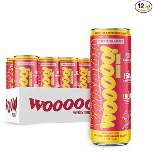 Wooooo! Energy Ric Flair Sparkling Adaptogenic Mushroom Energy Drink | Natural Antioxidants & Nootropics | Lion’s Mane & Cordyceps | 150mg Caffeine | 12 Pack (Strawberry Banana)