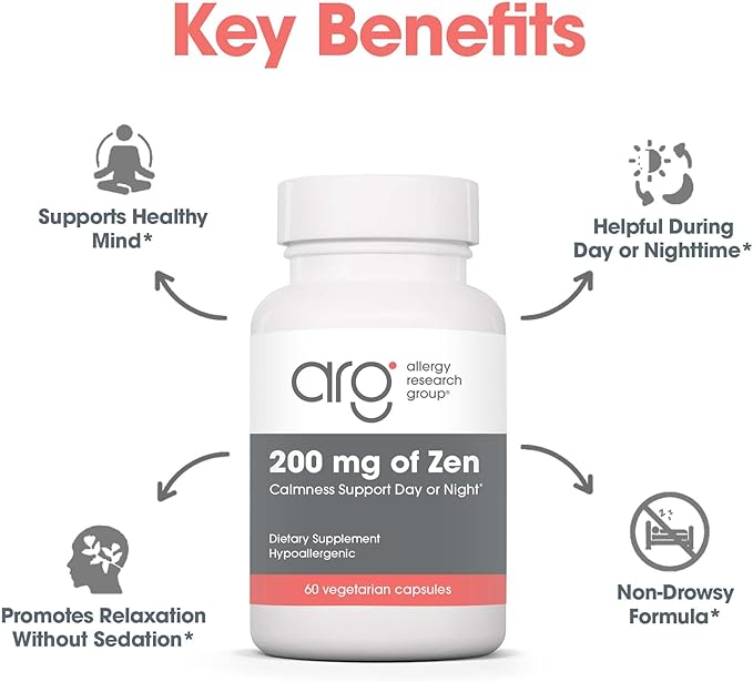 Allergy Research Group 200 mg of Zen - GABA L-Theanine Supplement, Natural Calm, Sleep & Relax Support for Women & Men, Take Day or Night for Relaxation & Calm Energy - 60 Vegetarian Capsules