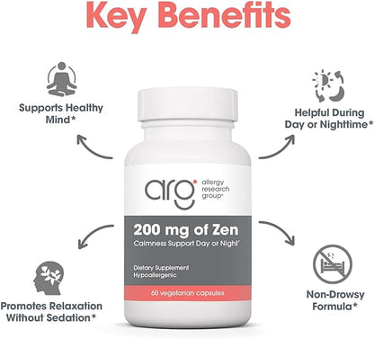 Allergy Research Group 200 mg of Zen - GABA L-Theanine Supplement, Natural Calm, Sleep & Relax Support for Women & Men, Take Day or Night for Relaxation & Calm Energy - 60 Vegetarian Capsules