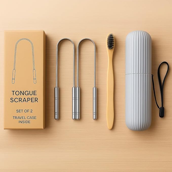 Tongue Scraper Set – Cleaner Kit with Bamboo Toothbrush with Charcoal Bristles & Travel Case – Daily Oral Hygiene Tool for Men & Women (Stainless Steel, 2 - Pack)