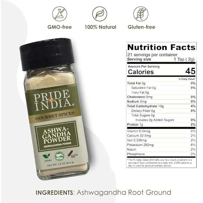 Pride of India – Natural Ashwagandha Root Ground – Health Benefits – Good for Energy Level/Body Functions – No Gluten/Additives – Easy To Use – 1.6 oz. Small Dual Sifter Jar