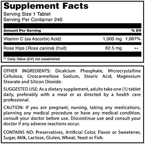 Amazing Formulas Vitamin C with Rose HIPS 1000 Mg 240 Tablets Supplement | Non-GMO | Gluten Free | Made in USA