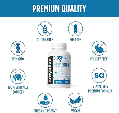 STAY ALIVE Diosmin Hesperidin 1000mg Complex, 120 Count, Citrus Bioflavonoids Rich Fruit Extract, 2 Month Supply, 100% Vegetarian, Non-GMO & Gluten Free Hesperidin and Diosmin Supplement Capsules