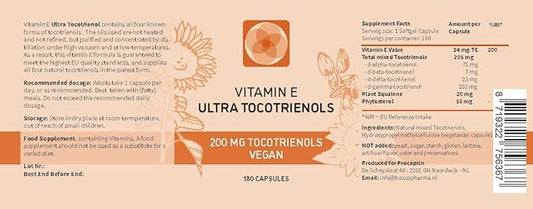 Ultra Tocotrienol 200mg Vitamin E Vegan – All 4 tocotrienols - Alpha Tocotrienol + Beta Tocotrienol + Gamma Tocotrienol + Delta Tocotrienol – No Tocopherols (180)