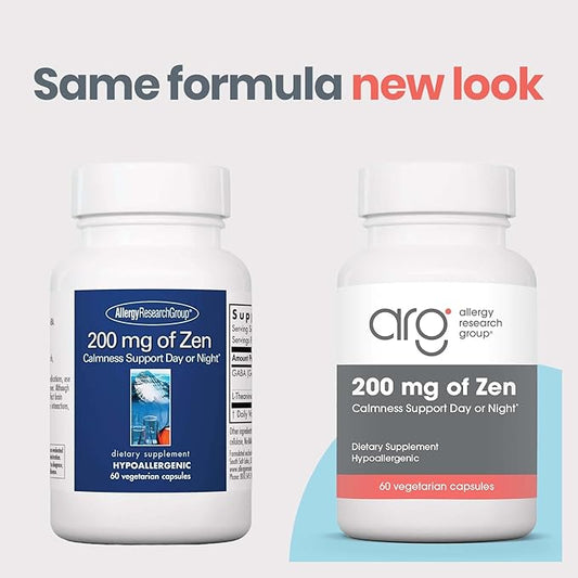 Allergy Research Group 200 mg of Zen - GABA L-Theanine Supplement, Natural Calm, Sleep & Relax Support for Women & Men, Take Day or Night for Relaxation & Calm Energy - 60 Vegetarian Capsules