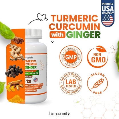Turmeric Curcumin Supplement with Ginger, Ceylon Cinnamon and Black Pepper Complex 5 in 1 Formula, Curcuma Longa, Max Absorption, 1000 mg, 120 Herbal Extract Capsules