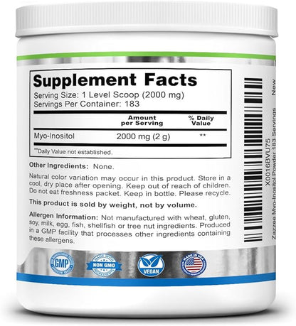 Zazzee Myo-Inositol Powder, 6 Month Supply, 183 Servings, 2000 mg per Serving, Free Scoop for Exact Dosage, 12.91 Ounces, 100% Pure, All-Natural Fertility and Reproductive Support, Vegan, Non-GMO