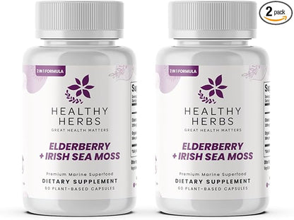 Wildcrafted Elderberry Sea Moss Capsules | 2600mg Irish Sea Moss + Elderberry Essentials Blend | US-Made, Vegan, Non-GMO, Easy-Swallow (2-Pack)