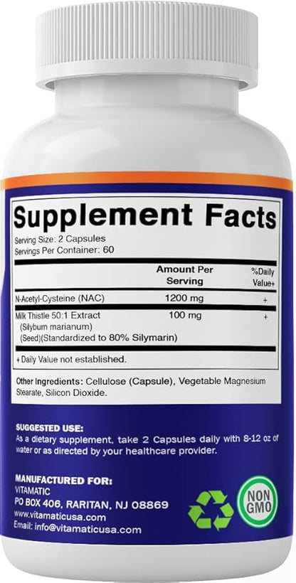 Vitamatic NAC Supplement N-Acetyl-L-Cysteine (NAC) with Milk Thistle 50:1 Extract - Supports Immune, Respiratory, Liver Health, 1200 mg per Serving, 120 Veg Capsules